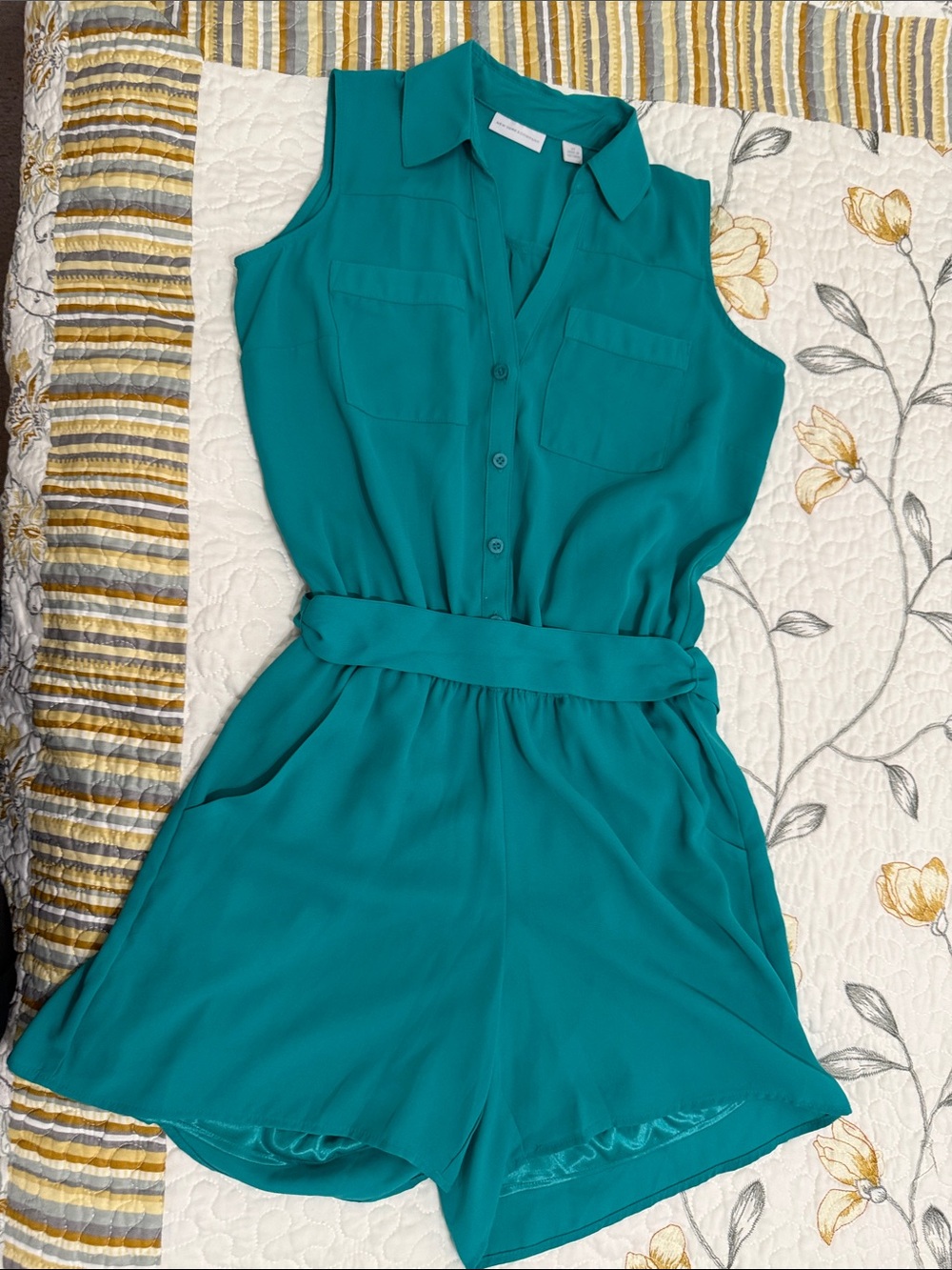 New York & Company Teal Sleeveless Belted Romper